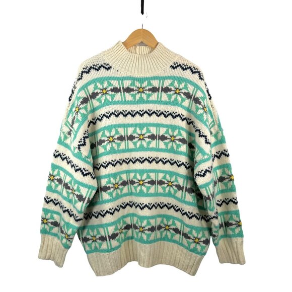 American Eagle Fair Isle oversized chunky‎ knit mock neck sweater mint sz L - Picture 1 of 7